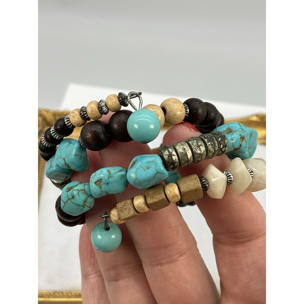 Vtg Faux Turquoise Blue Wood Coil Wire Wrap Bracelet Boho Hippie Cowgirl Western